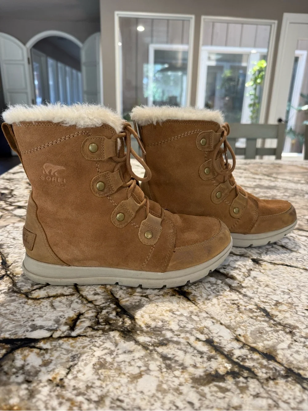 Sorel Women’s Explorer Joan Waterproof Winter Boot in Camel Brown Size 9